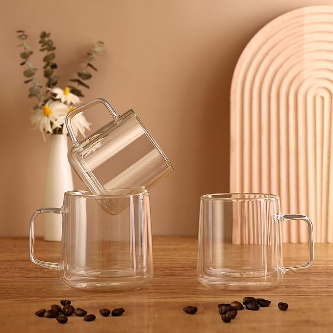 CNGLASS 10oz Glass Coffee Mugs,Double Wall Insulated Glass Mugs with Handle,Clear Espresso Mug for Latte,Cappuccino,Tea Bag,Set of 2 - Bloomnest