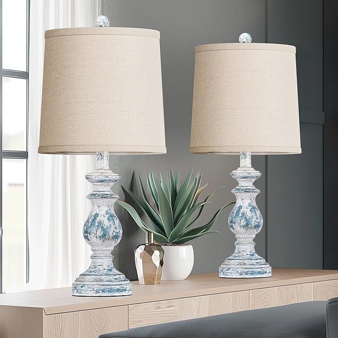 PARTPHONER Traditional Table Lamp Set of 2, Rustic Farmhouse Table Lamps for Living Room Bedroom, 22" Bedside Desk Lamps Vintage Nightstand Lamps with Linen Shades, Washed Blue - Bloomnest