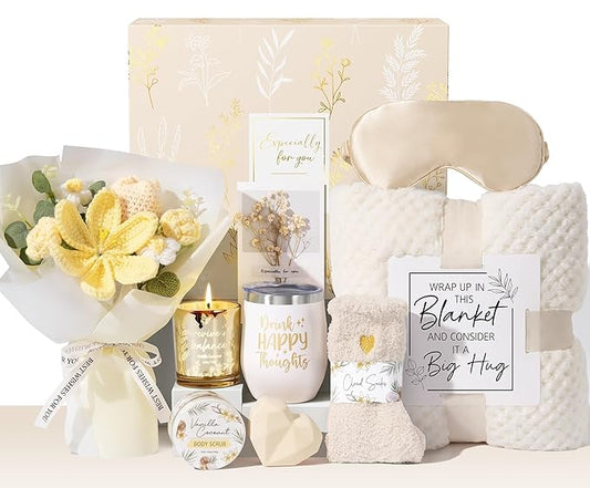 Valentine's Day Birthday Gifts for Women Self Care Package Get Well Soon Gift Baskets, Thinking of You Sympathy Spa Gift Set w/ Crochet Flower Bouquet, Unique Gifts for Women Her Wife Girlfriend Mom