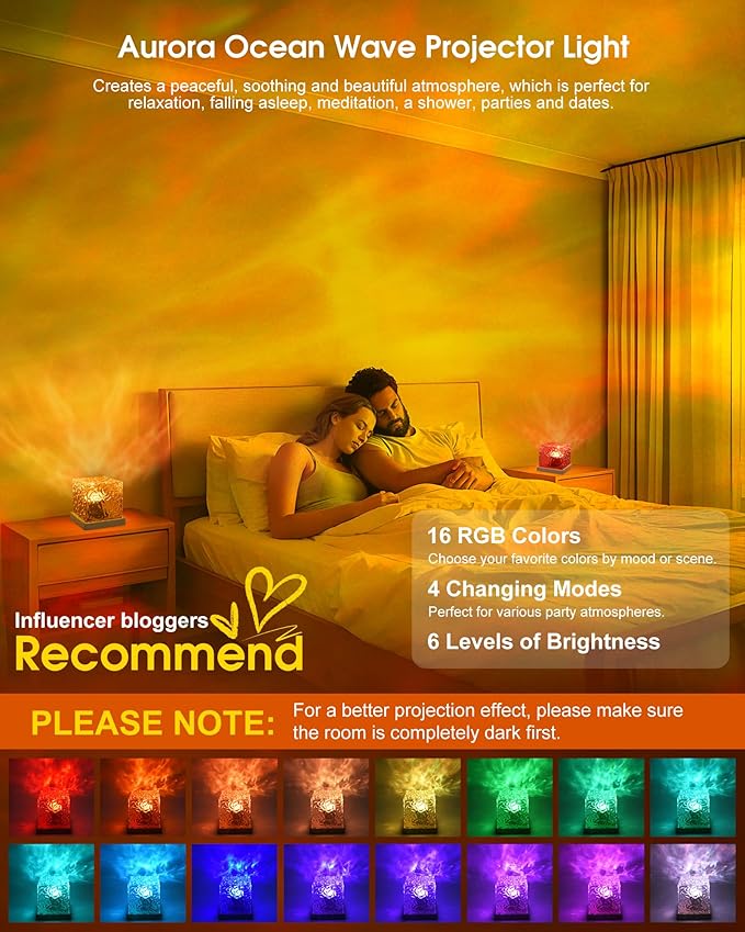 Aurora Ocean Wave Projector Light, Cordless Rechargeable, 16 Colors 4 Modes Northern Lights Lamp with Touch & Remote for Bedroom, Water Ripple Night Light for Room Decor Ambient Mood Lighting - Bloomnest