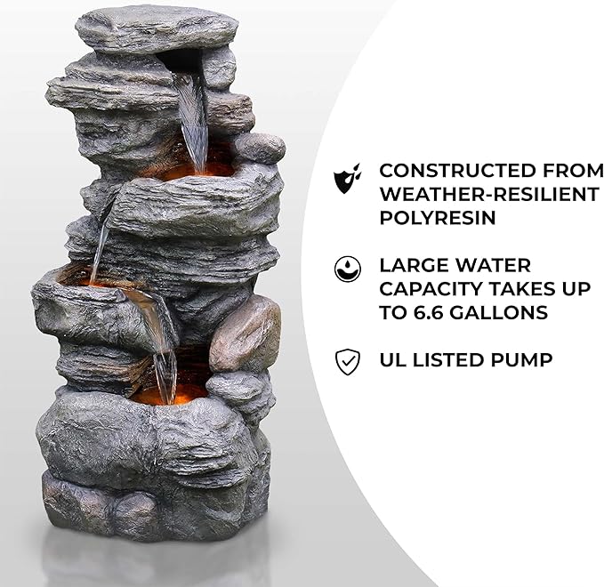 Teamson Home 39.37 in. Outdoor Faux Stacked Stone 4-Tier Water Fountain with LED Lights and Pump, Gray - Bloomnest