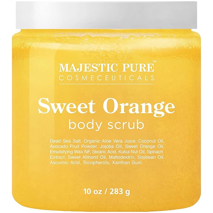 Majestic Pure Sweet Orange Body Scrub for All Natural Skin Care - Exfoliating Multi Purpose Body and Facial Scrub Moisturizes and Nourishes Face and Skin - 10 oz - Great Gift for Her - Bloomnest