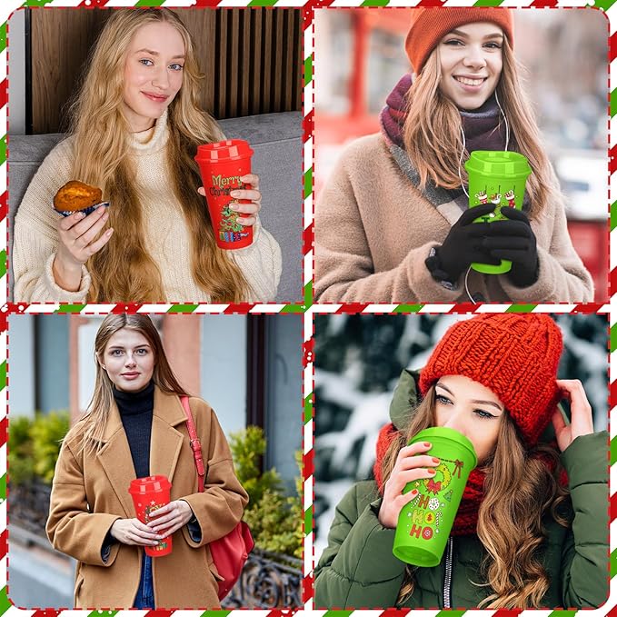 Pickmesh 12 Pack Christmas Coffee Cups Gifts Bulk 16 oz Reusable Coffee Cup Tumblers with Lid Plastic Cups Travel Mug Thank You Gifts for Women Coworkers Holiday Drinks - Bloomnest
