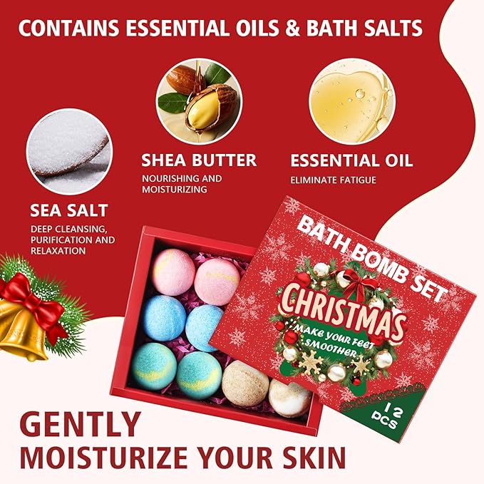 12-Pack Bath Bomb Set for Men & Women, Christmas Aromatherapy Spa Bombs with Essential Oils, Giftable Bath Essentials for Relaxation & Self Care - Bloomnest