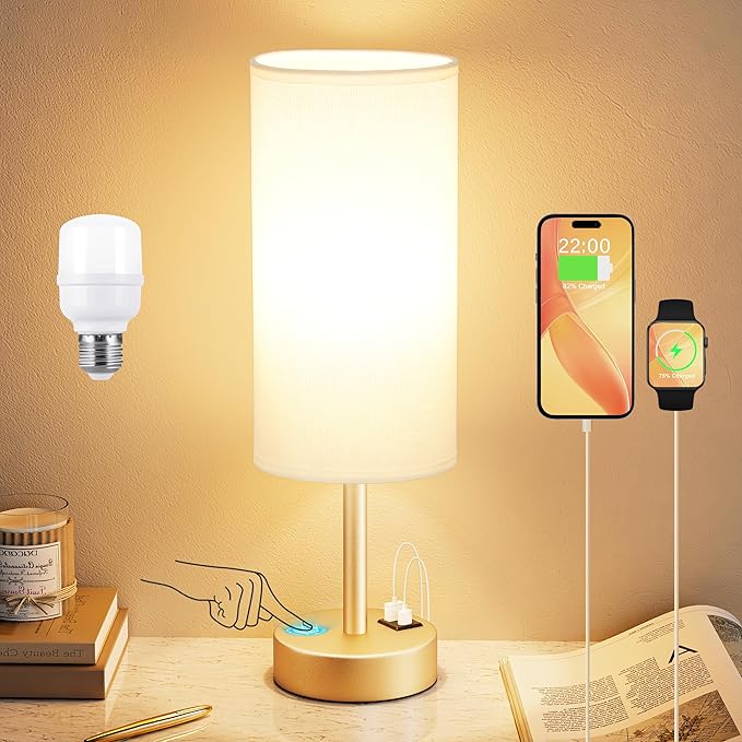 Elegant Gold Touch Table Lamp, Modern Wedding Gift for Couples, Bedside Lamps with USB-C USB-A Charging Ports, 3 Way Dimmable Small Lamp for Office, Living Room, Bathroom - Bloomnest