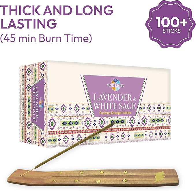 Sacred Element's Lavender & White Sage Masala Incense Sticks – Calming Aromatherapy Blend for Meditation, Relaxation & Cleansing – Perfect Fall or Housewarming Gift – 15g Pack (Total 100+ Sticks) HEM
