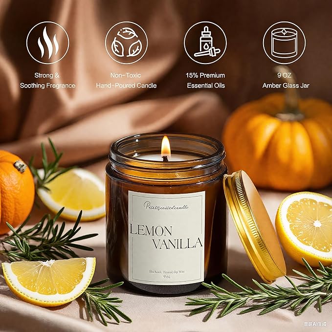 Lemon Vanilla Scented Candle for Home, Natural Soy Wax Aromatherapy Non Toxic Candle Gifts for Women & Men, Handmade Highly Scented & Long Lasting Jar Candle for Stress Relief (9oz) - Bloomnest