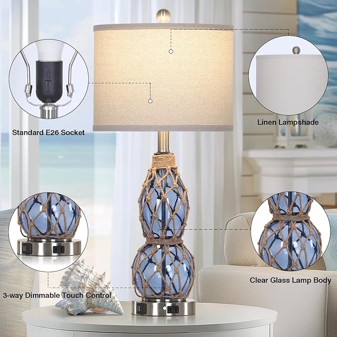 26" Coastal Glass Table Lamps Set of 2, 3-Way Dimmable Touch Lamps with USB Ports and AC Outlet, Nautical Bedside Lamps for Bedroom Living Room - Bloomnest