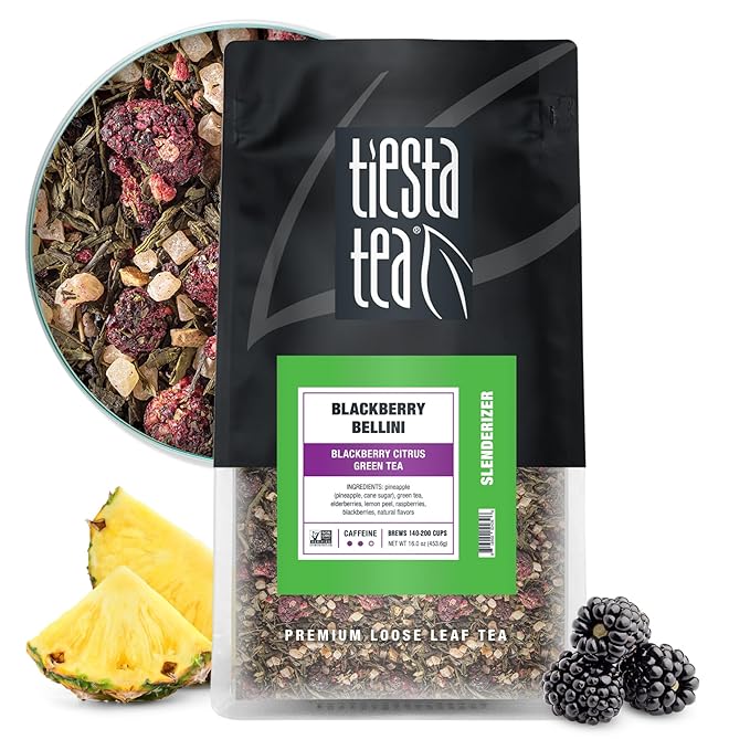 Tiesta Tea - Blackberry Bellini, Premium Loose Leaf Blend, Blackberry Citrus Green Tea, Medium Caffeinated, Refreshing Flavor, Hot or Iced, Up to 200 Cups, 16oz Resealable Bulk Pouch - Bloomnest
