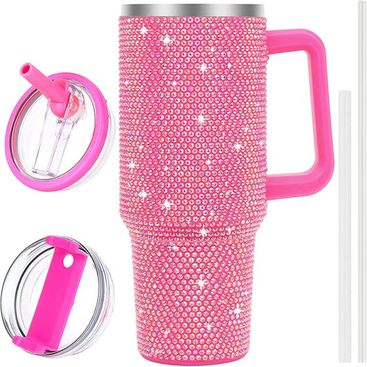 40 oz Tumbler with Handle and Flip Straw Lid, Insulated Leak Proof Double Walled Stainless Steel Rhinestone Diamond Studded Bling Travel Mug Tumblers, Maintains Cold Ice and Heat for Hours - Bloomnest