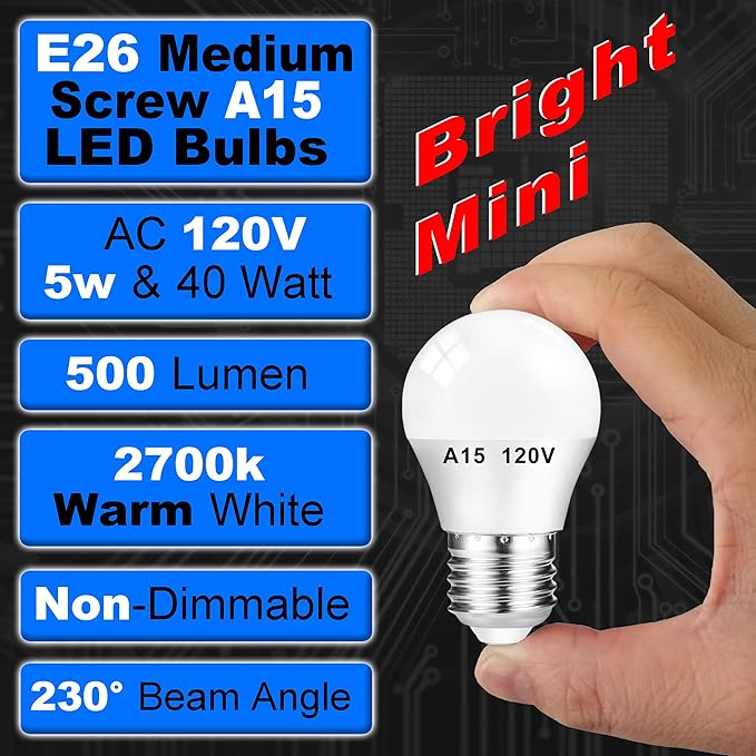 A15 LED Refrigerator Light Bulb 40 Watt Equivalent 120V 500lm 5000K Daylight White 5 Watt E26 Standard Medium Base Fridge Appliance Light Bulb for Freezer Home Lighting Lamp,Non-Dimmable,2 Pack - Bloomnest