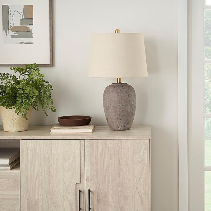 Nourison Home 23" Greyish Brown Earth Tone Rustic Farmhouse Ceramic Table Lamp for Bedroom, Living Room, Dining, Office, with Beige Linen Shade - Bloomnest