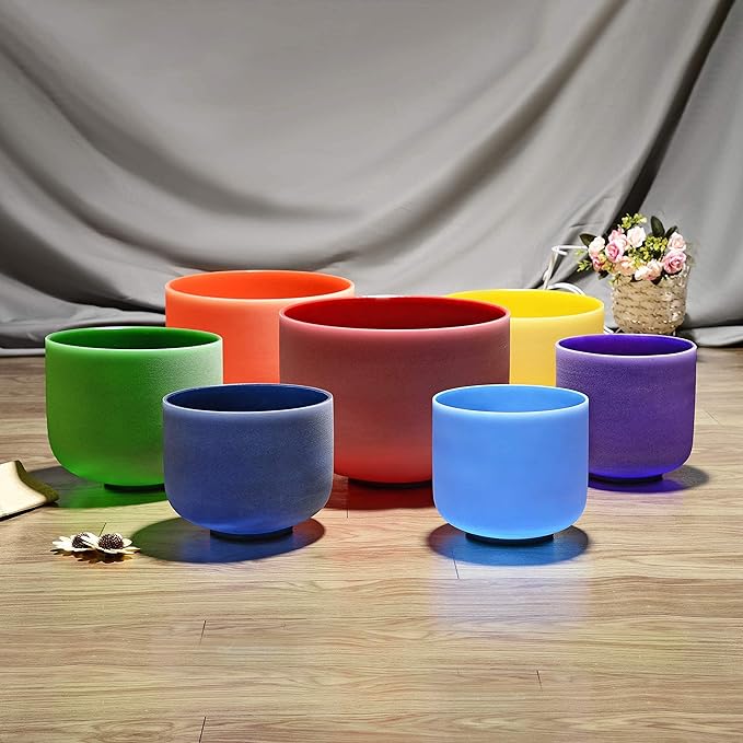 TOPFUND 7-12 inch Set of 7 Color Crystal Singing Bowls with Heavy Duty Carrying Cases and Singing Bowl Mallets - Bloomnest