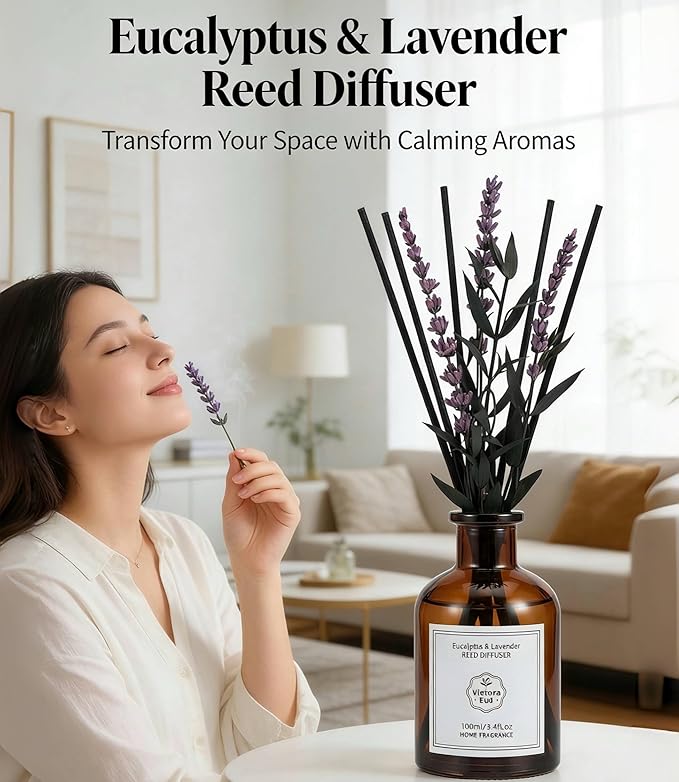 Eucalyptus & Lavender Essential Oil Reed Diffuser - 3.34 Fl Oz, Luxury Hotel Collection Diffuser Oil Inspired by Ritz Carlton for Home&Office, Bedroom/Living Room Shelf Decor,Non-Toxic & Gift Ready - Bloomnest