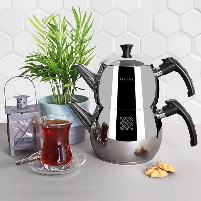 Serenk Modernist Stainless Steel Teapot | 1 L Top, 1.5 L Base, Induction Ready, Mirror Finish, Cool-Touch Handles, Elegant, Durable, Dishwasher Safe - Bloomnest