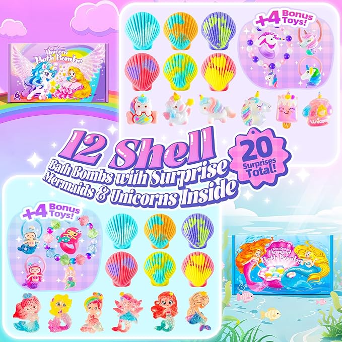 Shell Bath Bombs for Girls – 12 Pack Child-Safe Aromatherapy Bath Bombs with 20 Surprise Toys Inside, 6 Fruity Scents in 2 Gift Boxes (Mermaid & Unicorn Themes), Christmas Gift for Kids - Bloomnest