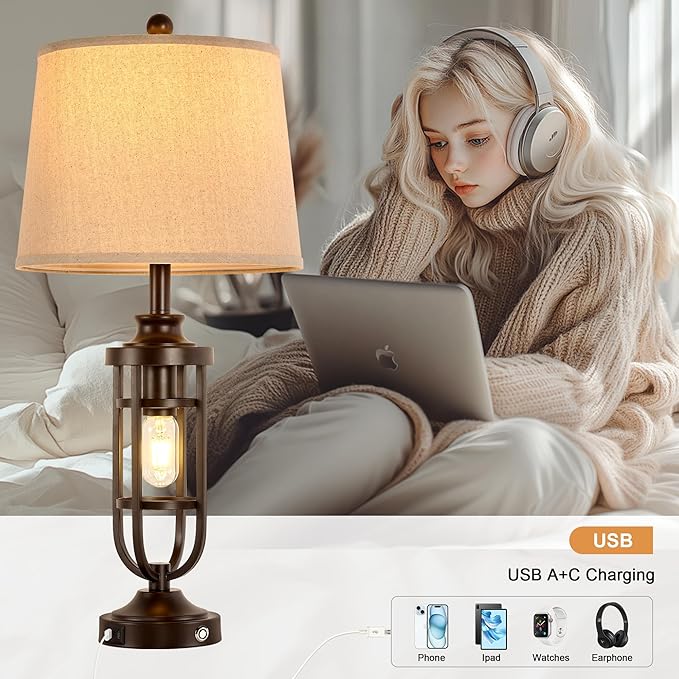 28.8" Farmhouse Table Lamps for Living Room Set of 2, 3-Way Dimmable Touch Lamps with USB Ports, Rustic Nightstand Lamps for Bedroom End Tables, Bulbs Included - Bloomnest