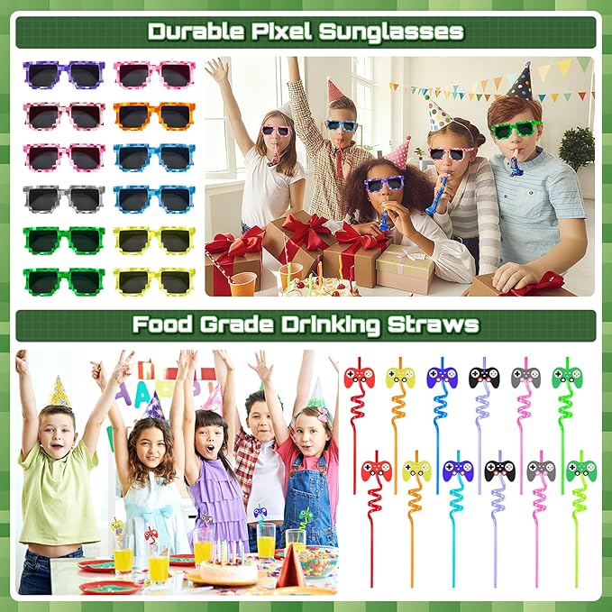 Video Game Party Favors for Kids: Pixel Theme Goodie Bags Stuffers Birthday Party Supplies, Bracelets, Keychain, Sunglasses, Notepads, Stickers, Gift Bags Serves 12 Boy Girl Birthday Party Decorations - Bloomnest