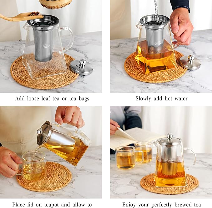 CNGLASS Glass Teapot with Infuser,31oz Clear Glass Tea Kettle with Removable Stainless Steel Strainer,Stovetop Safe Glass Teapot for Blooming and Loose Leaf Tea… - Bloomnest
