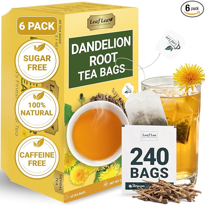 LeafLea Dandelion Root Tea Bags, 240 Count, Natural Dandelion Root Herbal Tea Blend, Supports Digestive and Immune Health, Caffeine-Free, Sugar-Free, Vegan, Gluten-Free, Pack of 6 - Bloomnest