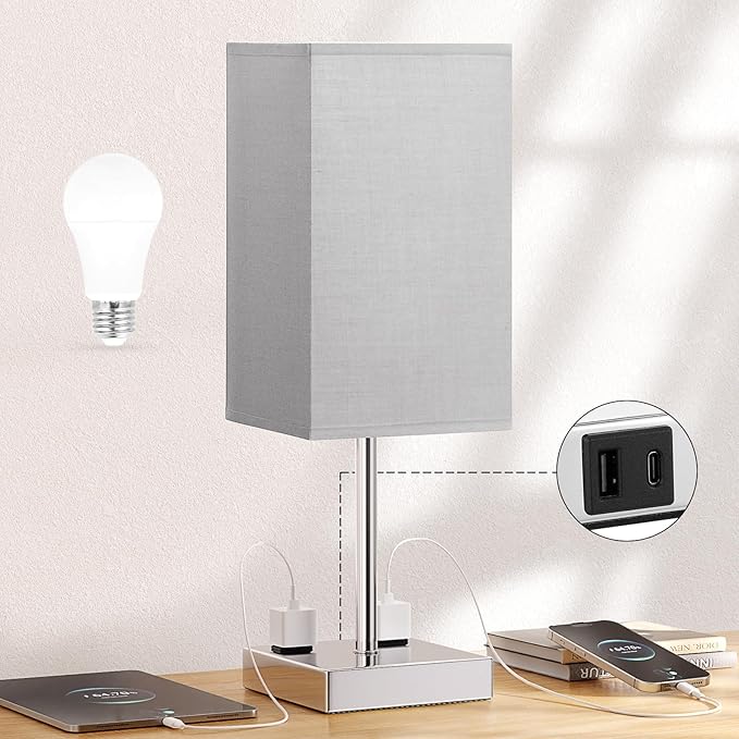 Touch Bedside Table Lamp For Nightstand - 3-Way Dimmable Night Lamp with USB A + Type C Charging Ports and two AC Outlets, Small Desk Light with E26 LED Bulb for Bedroom Living Room, GREY PLUS - Bloomnest