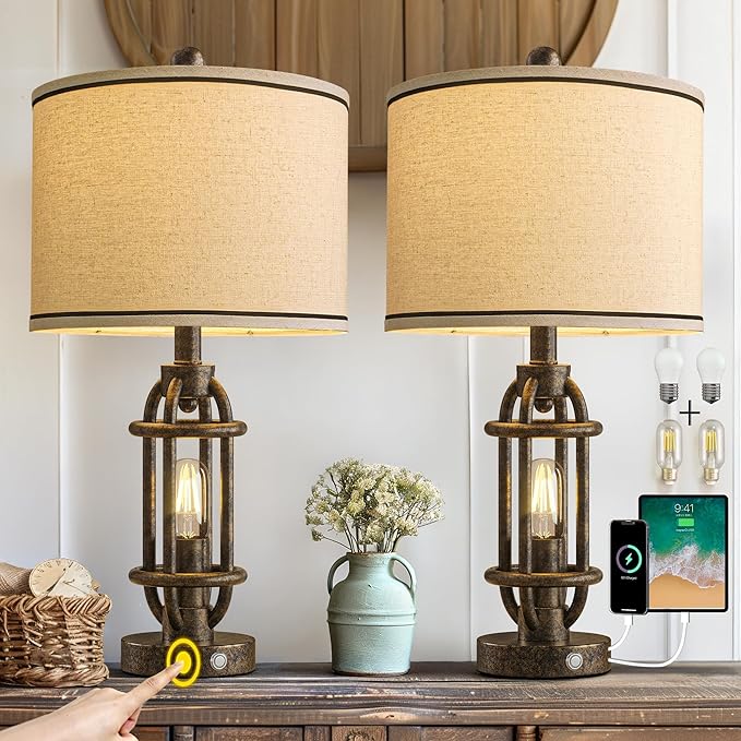 23.75'' Table Lamps Set of 2 for Living Room Bedroom Industrial Farmhouse Metal Touch Lamps with USB A+C Ports, Night Light Vintage Nightstand Bedside Lamp, Bulbs Included, Bronze - Bloomnest