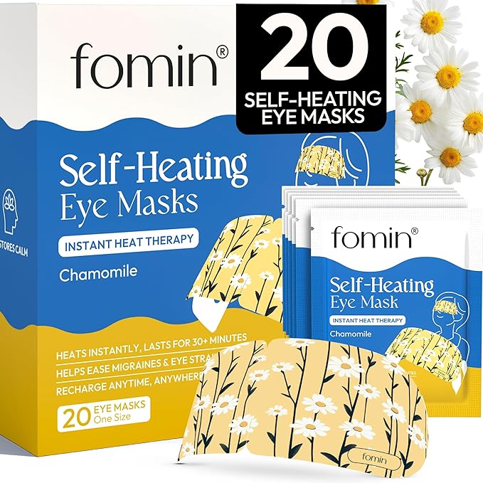 Fomin Self Heating Eye Mask - 20 Pack - Chamomile Heated Eye Mask Warm Compress for Eyes, Disposable Self Heating Steam Mask for Home, Sleep, Spa, Travel Essentials & Relaxation Gifts for Women