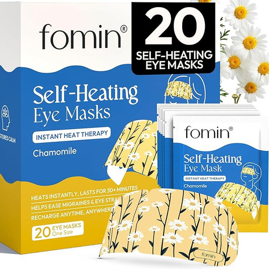 Fomin Self Heating Eye Mask - 20 Pack - Chamomile Heated Eye Mask Warm Compress for Eyes, Disposable Self Heating Steam Mask for Home, Sleep, Spa, Travel Essentials & Relaxation Gifts for Women