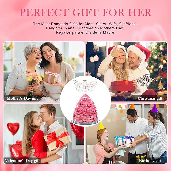 Valentines Day Gifts for Her Preserved Flower Rose Gifts for Women, Forever Eternal Flowers in Glass Angel Figurines Flowers for Delivery Prime Pink Roses for Grandma Mom Sister Wife Birthday Decor - Bloomnest