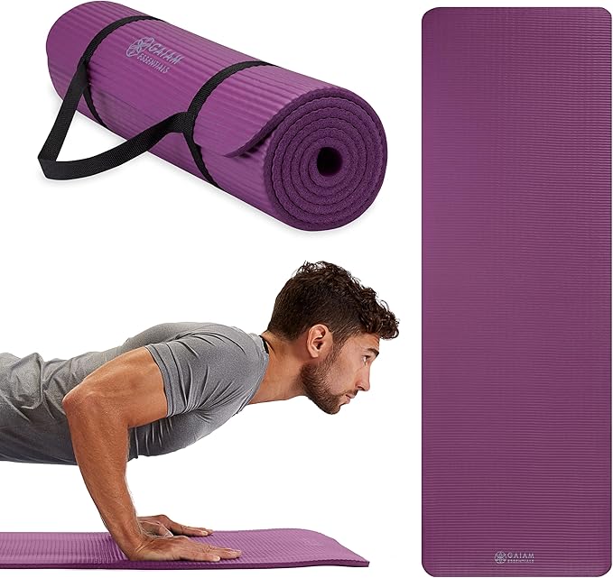 Gaiam Essentials Thick 2/5" (10mm) and Thin 1/4" (6mm) Yoga & Pilates, Fitness & Exercise Mat with Easy-Cinch Carrier Strap