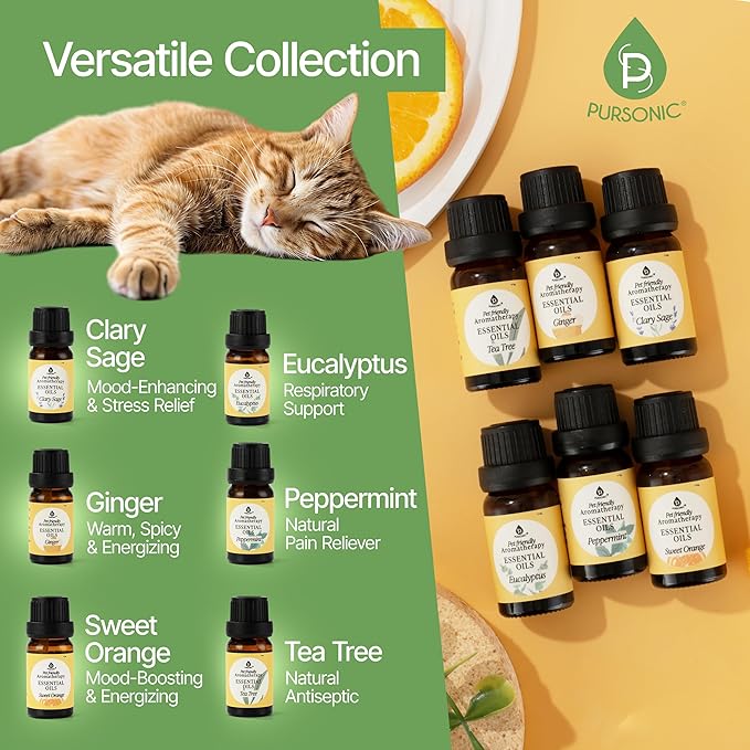Pursonic Pet-Friendly Aromatherapy Oil Blends, 6-Piece Set with Eucalyptus, Sweet Orange, Peppermint, Clary Sage, Tea Tree, Ginger - Vet-Approved, Pet-Safe Aromatherapy, 10 ML - Bloomnest