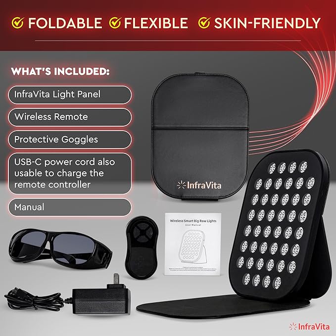 Near Infrared & Red Light Therapy Panel – 220 LEDs | 5 Light Wavelengths | 7 Wellness Modes | Foldable Design, Wireless Remote | red Light Therapy for face, Skin & Body Comfort Bloomnest