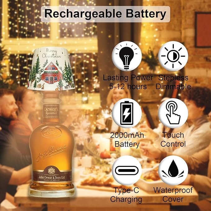 Wireless Bottle Lamp-Christmas Wine Bottle Lights with Touch Dimming,3 Color Temperatures Table Lamps, Rechargeable LED Lamp Shade for Home, Bar, Restaurants and Outdoor Use - Bloomnest