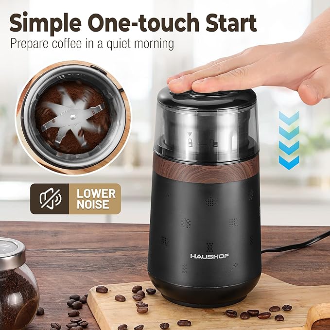 HAUSHOF Coffee Grinder Electric, One Touch Design, Spice, Herb, Grinder for Coffee Bean Spices and Seeds with 1 Removable Stainless Steel Bowl, Dry Grinder-Black - Bloomnest