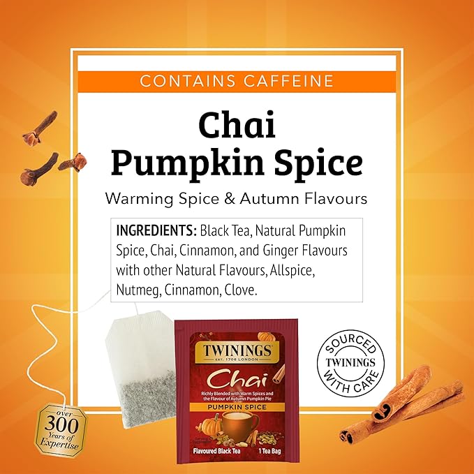 Twinings Pumpkin Spice Chai Black Tea Individually Wrapped Bags, 20 Count (Pack of 6), Warm, Spicy & Aromatic, Caffeinated, Enjoy Hot or Iced, 120 Teabags - Bloomnest