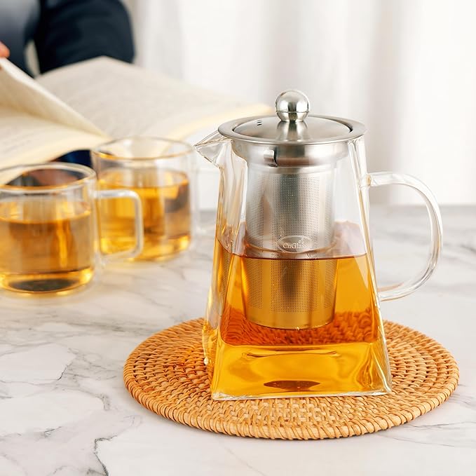 CNGLASS Glass Teapot with Infuser,31oz Clear Glass Tea Kettle with Removable Stainless Steel Strainer,Stovetop Safe Glass Teapot for Blooming and Loose Leaf Tea… - Bloomnest