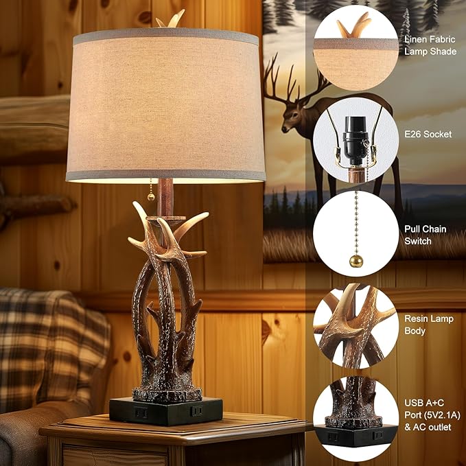 Farmhouse Deer Antler Table Lamps Set of 2 Rustic Western Bedside Lamp with USB A+C & Outlet Vintage Nightstand Lamps for Log Cabin Bedroom Hunting Themed Living Room End Table Cottage Home Decor - Bloomnest