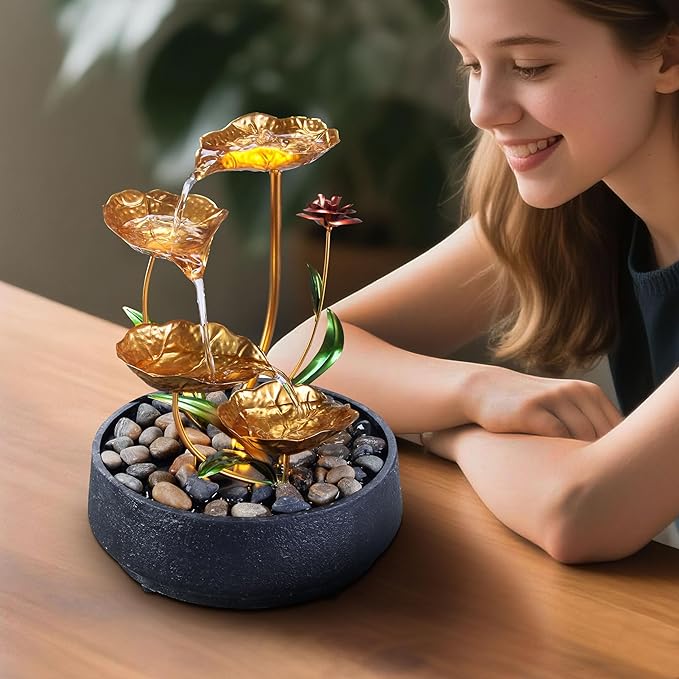 Tabletop Fountain Metal Lotus Circulating Fountain Water Feature for Zen Home Decor Warm Yellow Scene Light(23034) - Bloomnest