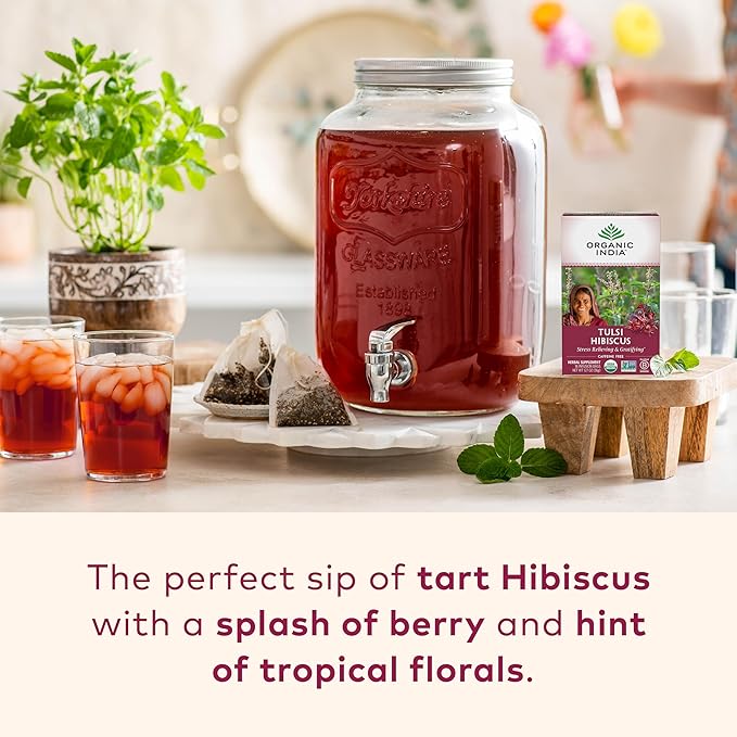 ORGANIC INDIA Tulsi Hibiscus Tea Bags - Holy Basil Herbal Tea, Stress Relieving, Calming, Immune Support, USDA Organic, Caffeine Free -18 Bags, 3 Pack - Bloomnest