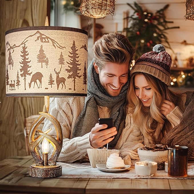 Scenekoy Antlers Style Table Lamp Set of 2 Rustic Bedside Lamp with Night Light Linen Fabric Shade Farmhouse Nightstand Lamps Decor for Living Room Bedroom House Home Office (Bulb Included) - Bloomnest