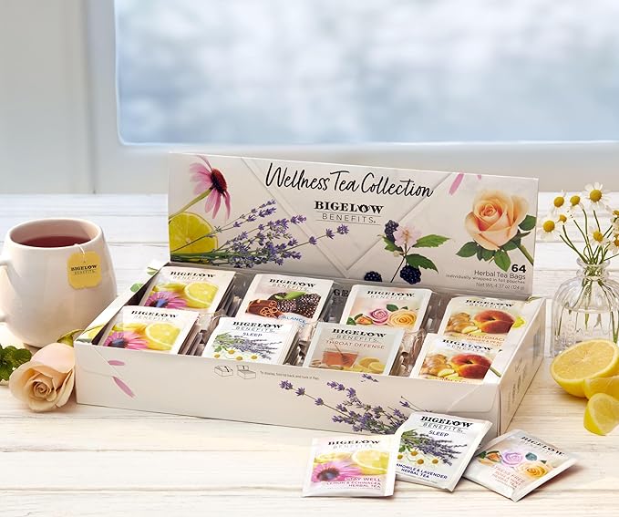 Bigelow Benefits Wellness Tea Collection, Variety Gift Box Sampler, 64 Tea Bags, (Pack of 1 - Bloomnest