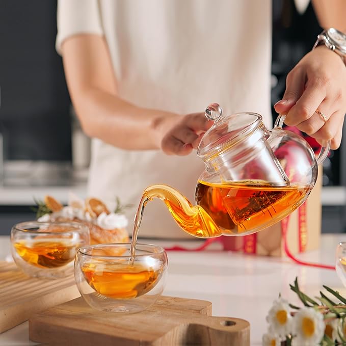 CNGLASS Glass Teapot Set,20oz Clear Tea Pot with 4 Double Wall Teacups,Stovetop Safe Tea Kettle,Blooming Loose Leaf Tea Maker Gift,Microwave Dishwasher Safe - Bloomnest