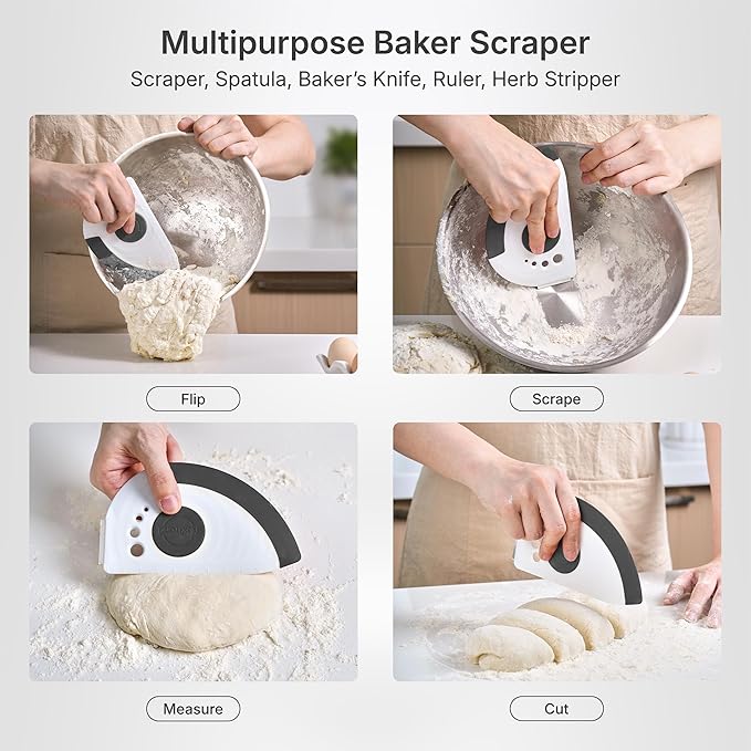 Nextrend BakerScraper – 5-in-1 Flexible Bowl Scraper, Bench Scraper and Dough Scraper with Stainless Steel Edge, Ruler & Herb Stripper – BPA Free, Dishwasher Safe - Gray - Bloomnest