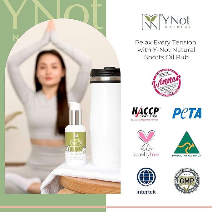 Sports Oil Muscle Rub with Pure Emu Oil, Omega 3 6 9, Tea Tree, Vitamin E, & Essential Oils - 100ml Oil Soothing for Muscle Stiffness & Skin Discomfort by Y-Not Natural