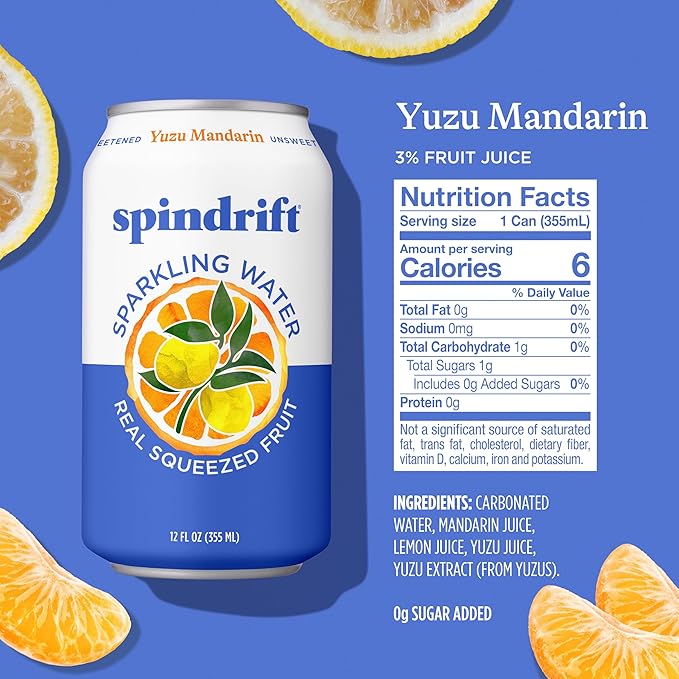Spindrift Sparkling Water, Yuzu Mandarin Flavored, Made with Real Squeezed Fruit, 12 Fl OZ Cans, Pack of 24 (Only 6 Calories per Can) - Bloomnest