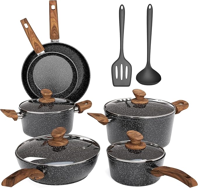 MAISON ARTS Pots and Pans Set Non Stick, 12 Piece Black Granite Kitchen Cookware Induction Compatible, Pot and Pan Sets for Cooking Nonstick - Bloomnest