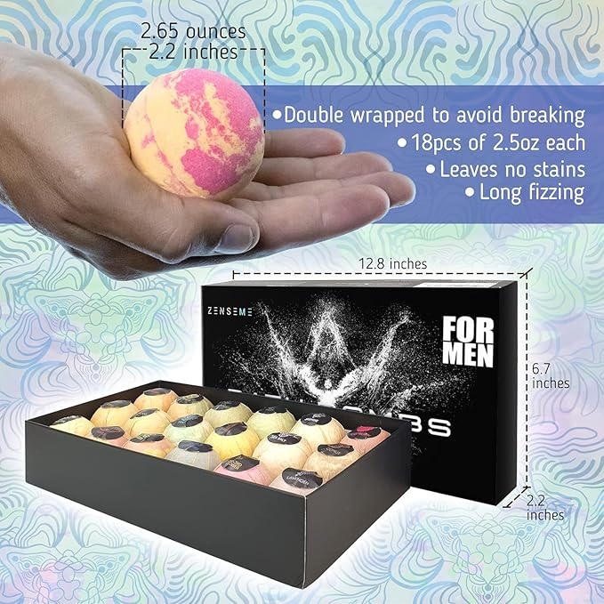 Bath Bombs for Men, Gift Set of 18 Scented Organic Handmade Bath Bombs of 2.5 oz with Natural Essential Oils. Perfect for Boyfriend, Husband, Father or Friend, by ZenseMe - Bloomnest