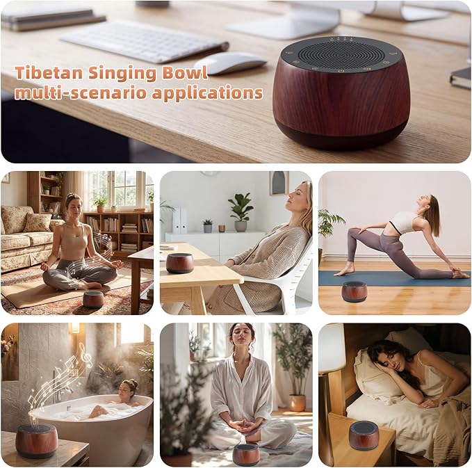 Electronic Tibetan Singing Bowl,Frequency Generator for Meditation,Yoga,Chakra Healing,256HZ-432HZ-528HZ 9 Healing Sound Bowls,4 Timer and Luminous Button,Reiki,Stress Relief Gift Wooden Bloomnest