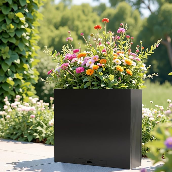 KOL Galvanized Steel Planter Box, with Insert Tray Drainage Holes, Rectangular Black Powder Coated Metal Planter, Outdoor Use, Heavy Duty Modern Flower Pot (Black, 36" H x 11" W x 32" L) - Bloomnest