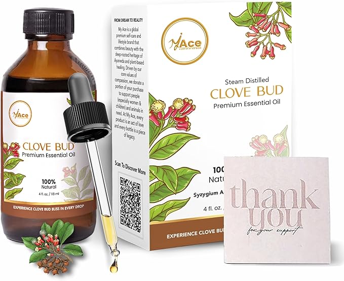 My Ace Clove Bud Essential Oil – Pure & Natural, Steam-Distilled Oil for Diffuser, Aromatherapy & DIY Soap – 4 fl oz with Dropper MyAce